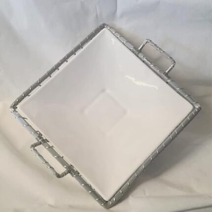 Vassoio con Manici Quadrato Ceramica e Silver Elegante e Raffinato 36x36 cm alto 6 cm RENVER